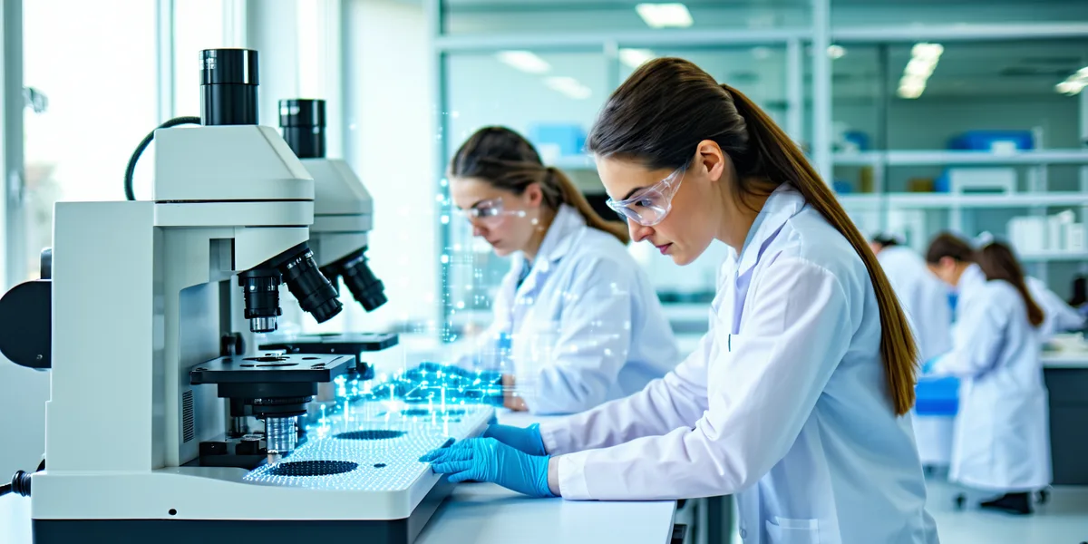 Scientists working in a modern biomedical research laboratory with equipment for lipid nanoparticle formulation and characterization