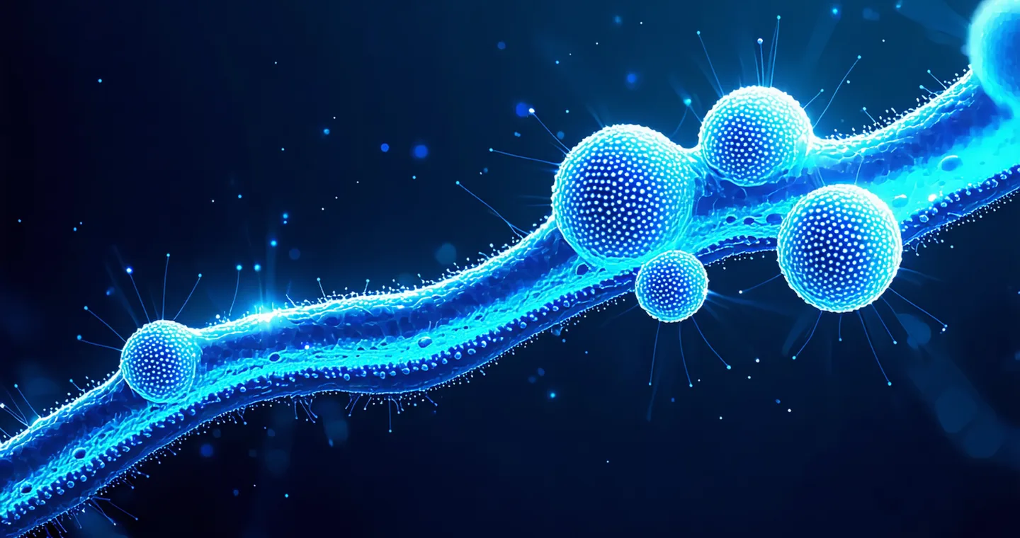 Abstract scientific visualization of a lipid nanoparticle crossing the blood-brain barrier, with glowing teal particles traversing a cellular membrane layer