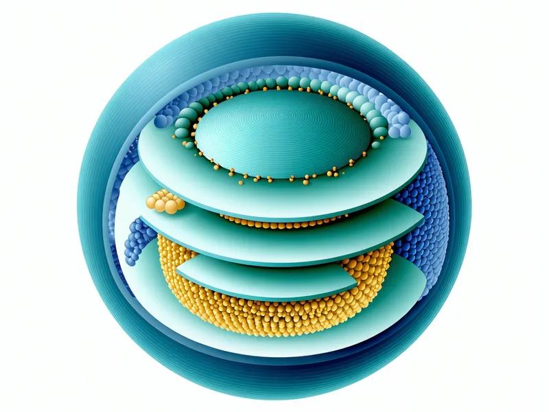 Cross-section diagram of a lipid nanoparticle showing ionizable lipid core, DSPC phospholipid bilayer, cholesterol spacing molecules, PEG-lipid corona, and nucleic acid payload encapsulated in center