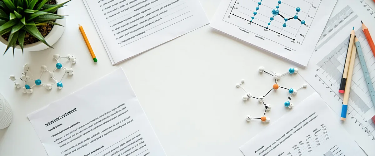 Scientific research materials including printed papers and molecular structure visualizations on a clean white laboratory desk